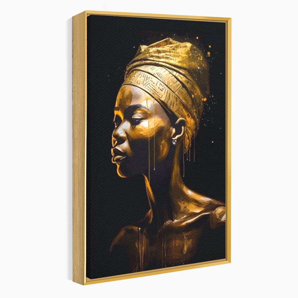 Tablou canvas cu tablou canvas cu femeie africana si turban auriu, in rama de aluminiu auriu